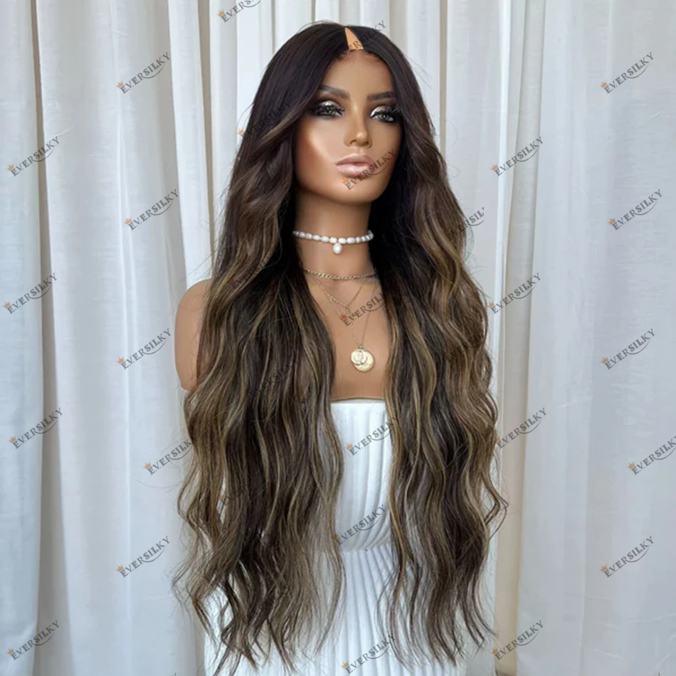 

Super Long Wavy Balayage Human Hair Gluless V Part Wigs for Black Women Brown Ash Blonde Highlights 200Density Remy Indian Wig