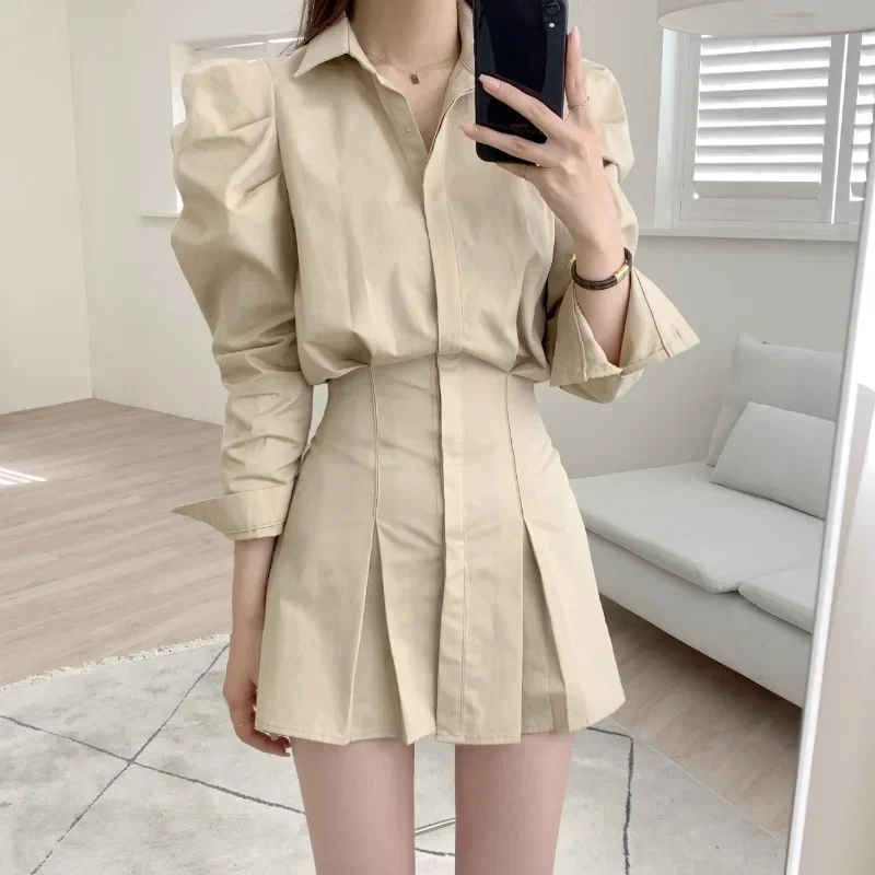 

Korean Chic Autumn Lapel Short Woman Dresses Single Breasted Pleated Slim Waist Vestidos Long Sleeve Shirt Dress Women