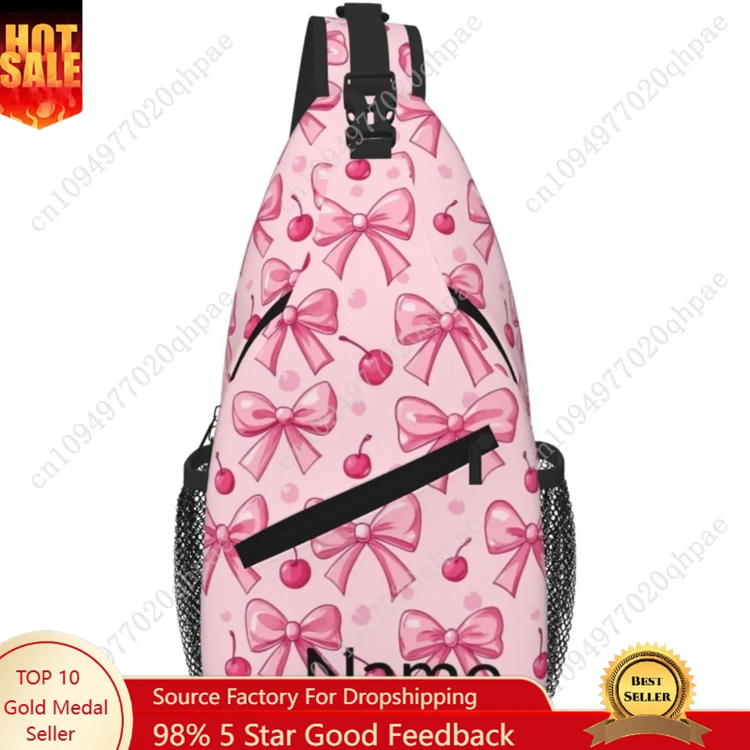 SUPLUCHOM Custom Sling Bag With Name Pink Bows Cherry Personalized Hiking Daypack Customized Crossbody Shoulder Backpack Travel