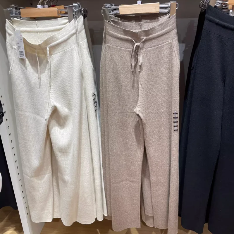 

Autumn New Lazy Sle Knitted Wide Leg Pants Straight Cut Casual Trousers for Women Versatile Loose Fit Comfortable Polyester