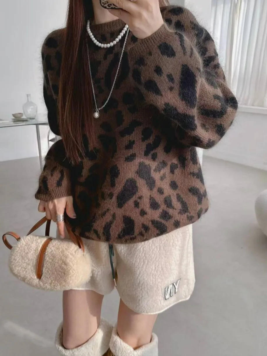 الرجعية شيك ليوبارد طباعة تريكو سترة المرأة Faion تنوعا تصميم الخريف الشتاء الدافئة لينة النسيج تخفيف جاهز #3