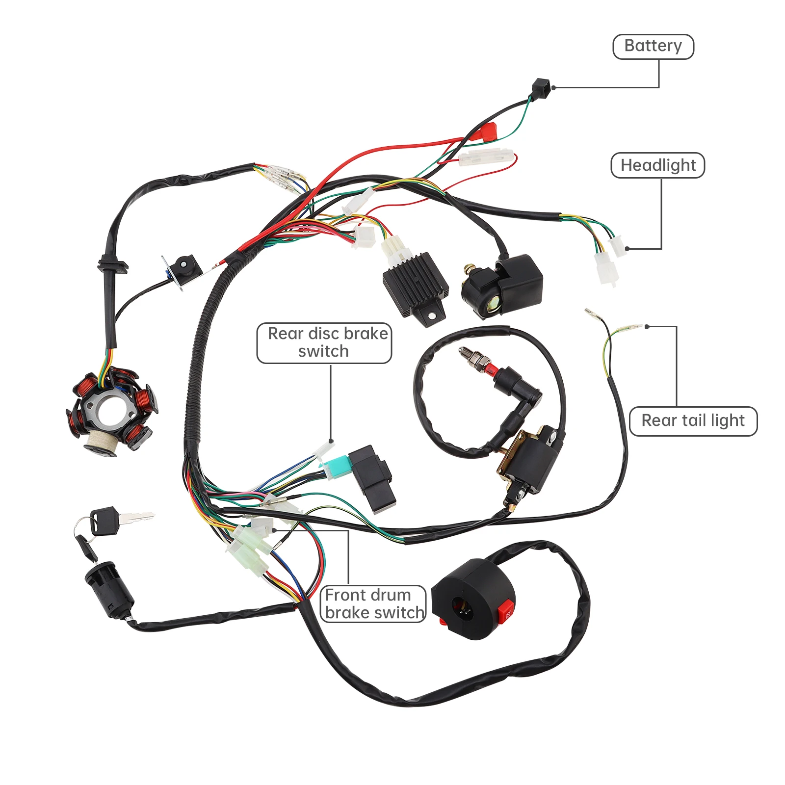 Motorcycle Ignition Coil CDI Solenoid Relay Wiring Harness for 4 Stroke 50cc 70cc 110cc 125cc ATV 4 Wheeler Quad Pit Dirt Bike