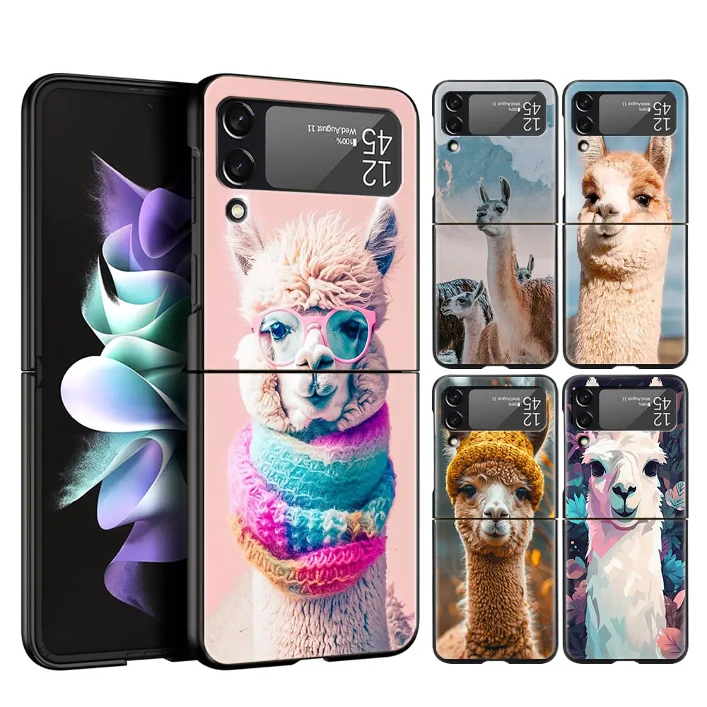 Phone Case For Samsung Galaxy Z Flip 3 4 5 Hard Black Folding PC Luxury For Samsung Z Flip3 Cover Shell Kawaii Alpaca lovely