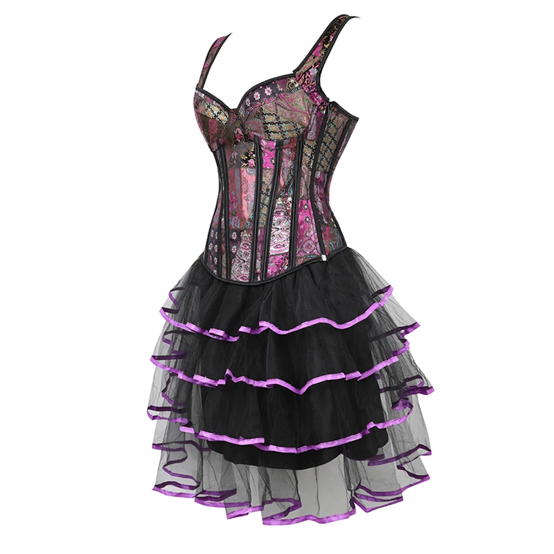 Gothic Corset Dress Plus Size Corset with Straps Mini Skirt Lace Women Costume Carnival Jacquard Corset Dress