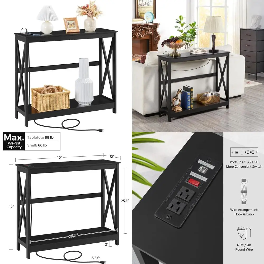 

Console Table with Power Outlets and USB Ports, Wood Entryway Table for Charging and Storage, Narrow 40-inch Charging Station Ta