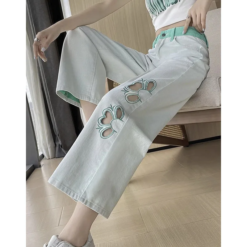 

2025 NewSummer Hollow Wide-leg Jeans WomenThin High Waist Loose All-Match Color Matching Nine-point Straight Cowboy Pants Female