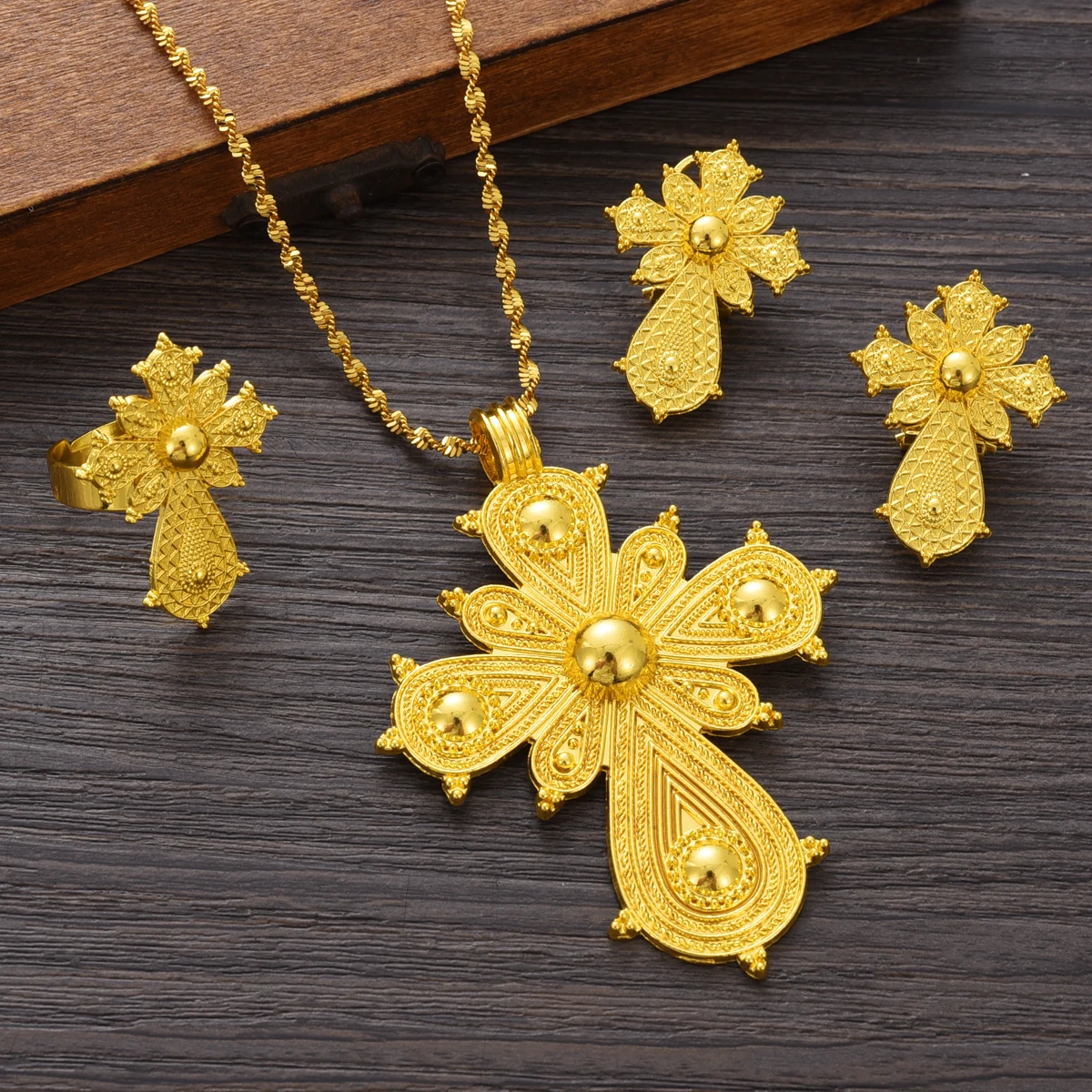 NEW Ethiopian Classical Ethiopian Gold Plated Bridal Jewelry Sets Necklace Earrings Ring Gifts Wedding Jewellery Set For Women