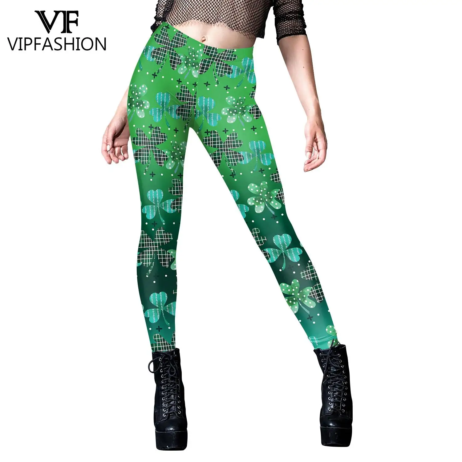 VIP FASHION St. Patrick\'s Day Leggings Women Green Holiday Pants Sexy Elastic Tights Clover Printed Trousers Girls Party Bottom