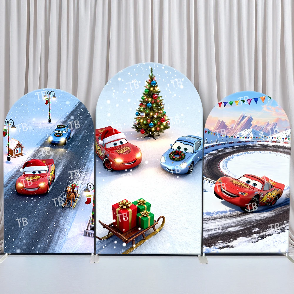 

Disney Cars Arch Backdrop Cover Birthday and Baby Shower Christmas Santa Hat Sled Gifts Snow Theme for Party Photo Booth Decor