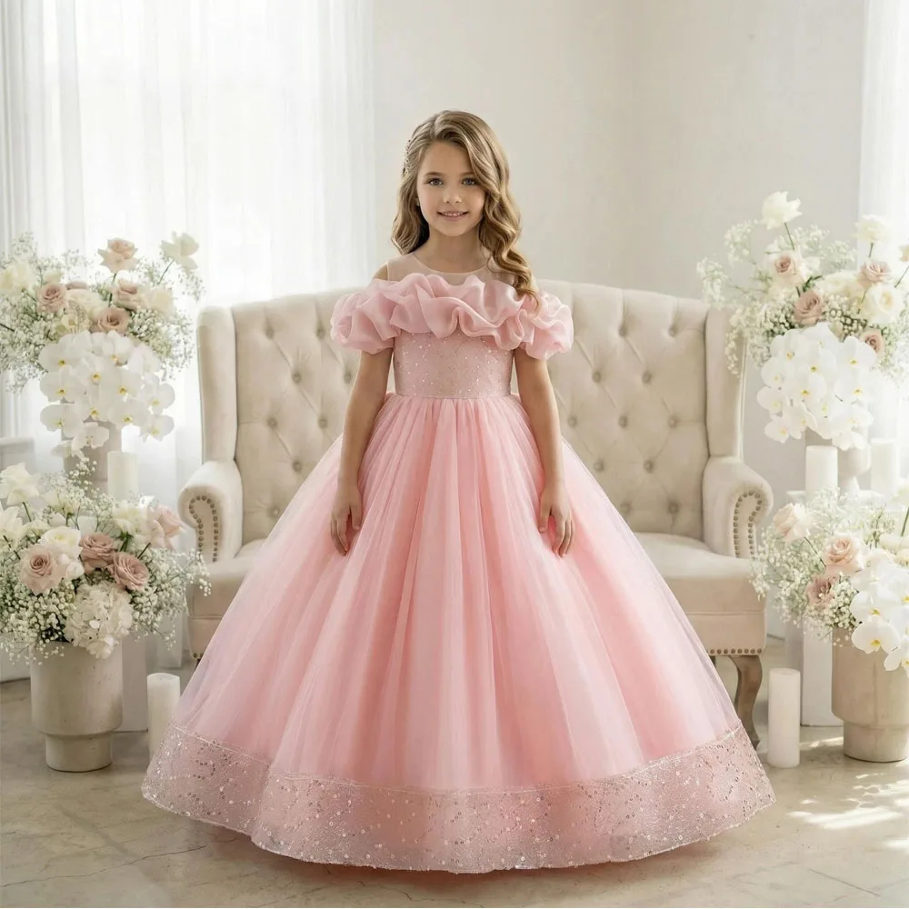 Flower Girls Sequined Evening Ball Gown Long Dress Tween Children Party Princess Dress for Weddings Performance Mesh Dress