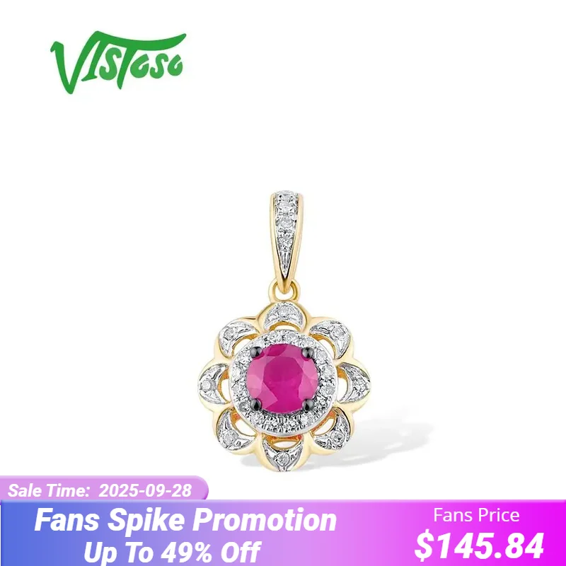 

VISTOSO Gold Pendant For Women Pure 14K 585 Yellow Gold Ruby Sparkling Diamond Flower Engagement Anniversary Gift Fine Jewelry