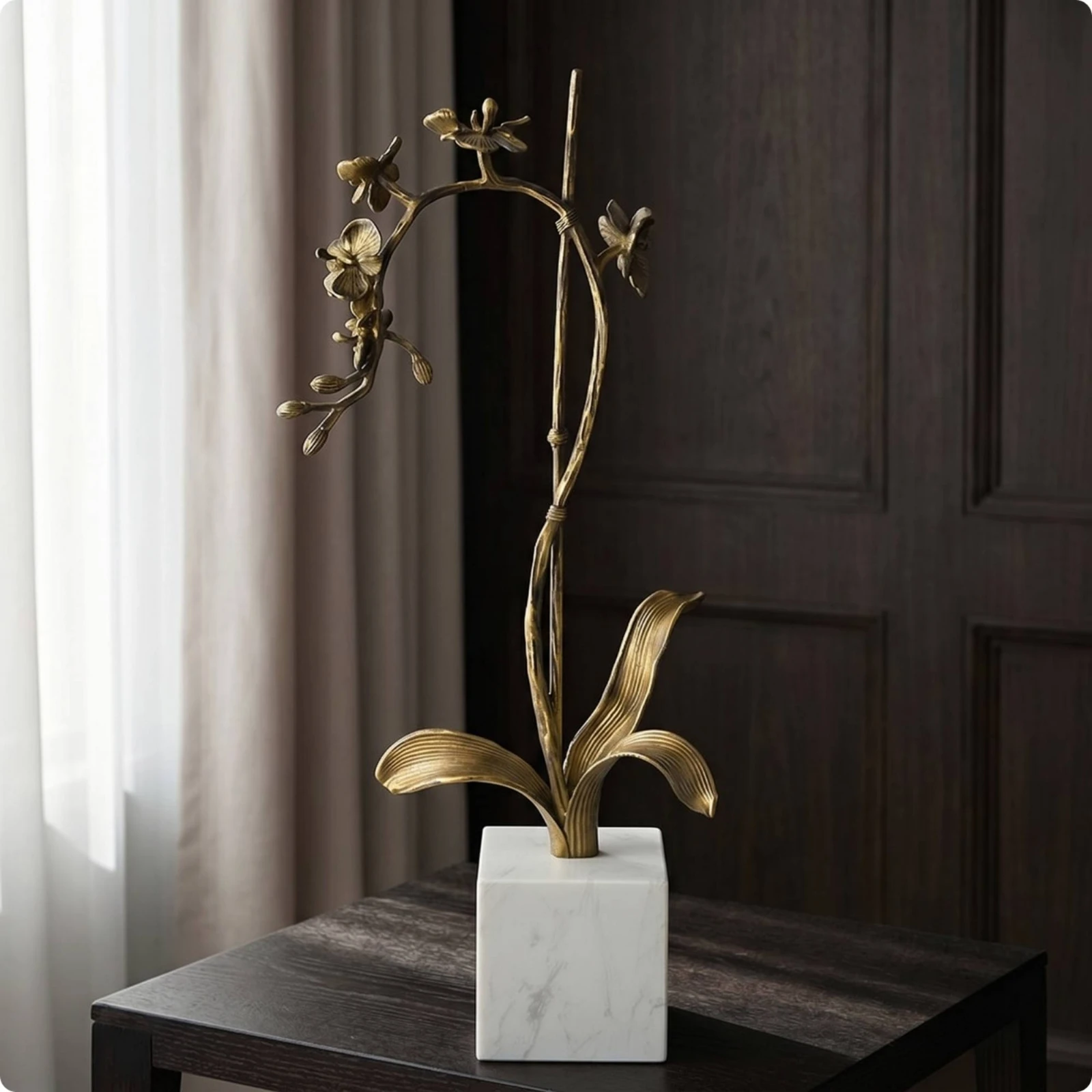 Flower Statue with Marble Base Elegant Flower Sculpture Flower Figurine Modern Metal for Living Room, Console Table