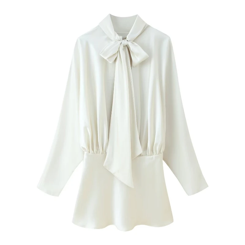 TARUXY 새틴 레이스 업 주름 드레스 여성 패션 섹시한 크루 넥 느슨한 긴 소매 솔리드 스플라이싱 여름 짧은 드레스 여성