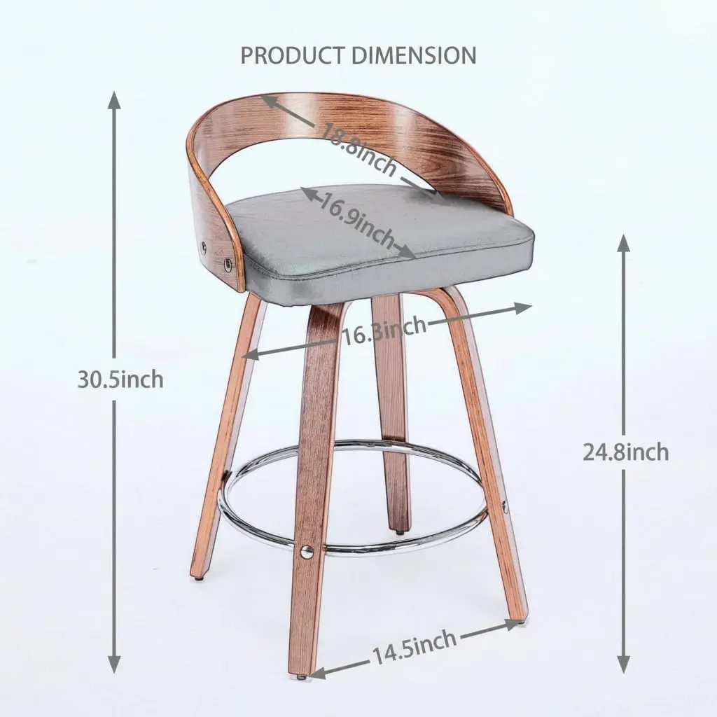 Mid Century Swivel Bar Stools Set of 6, 25" Faux Leather Counter Height Barstools with Walnut Back & Bentwood Legs, Customized - view 2