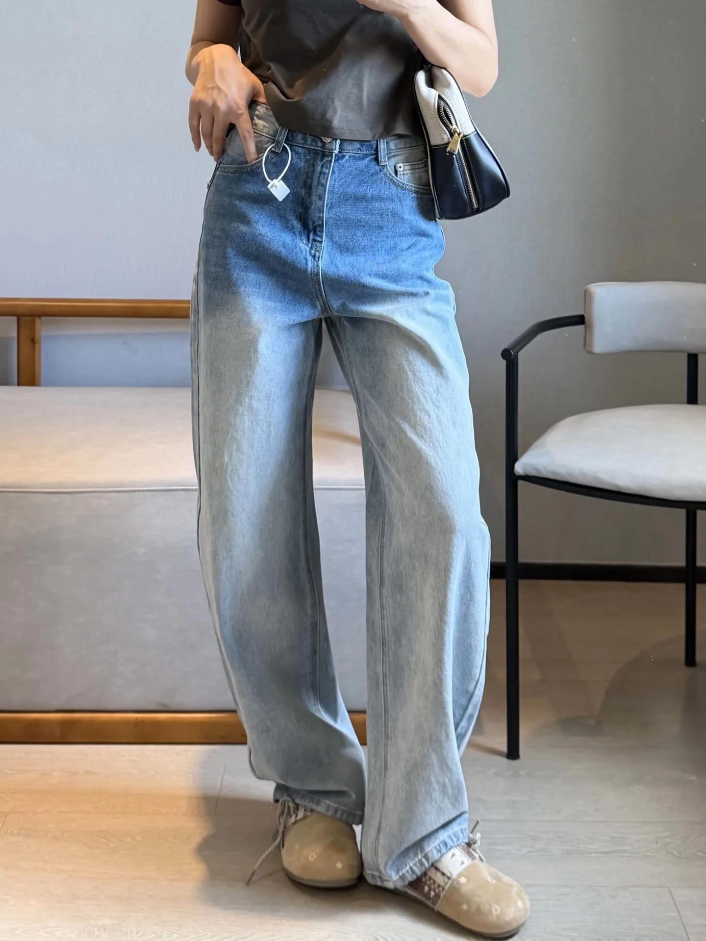 Ladies Loose Fit Vintage Washed Lazy Jeans Asymmetrical Button Knife Pants Cotton Natural Waist Slightly Stretchable