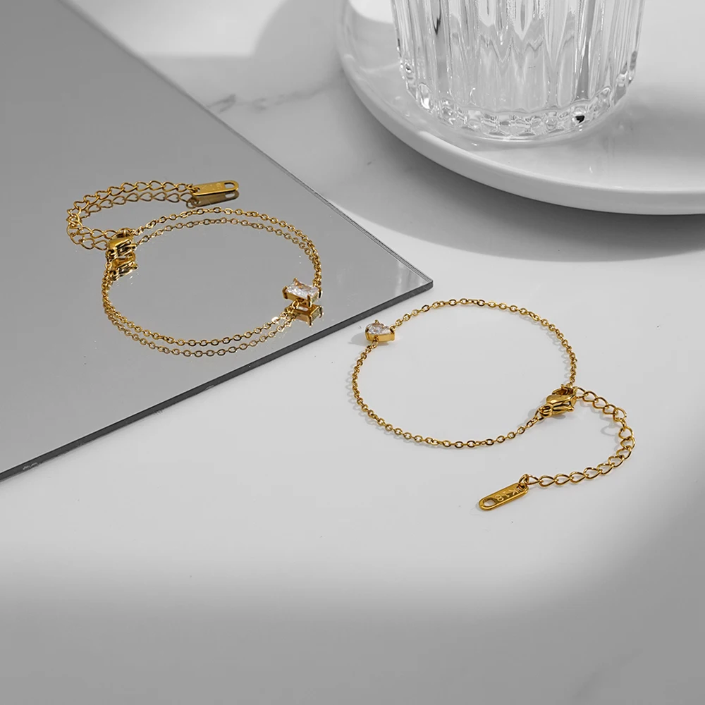 ENFASHION Pulseras Simple Square White Zircon Bracelet For Women's Stainless steel 18K Gold Plated High Street Delicate Jewelry