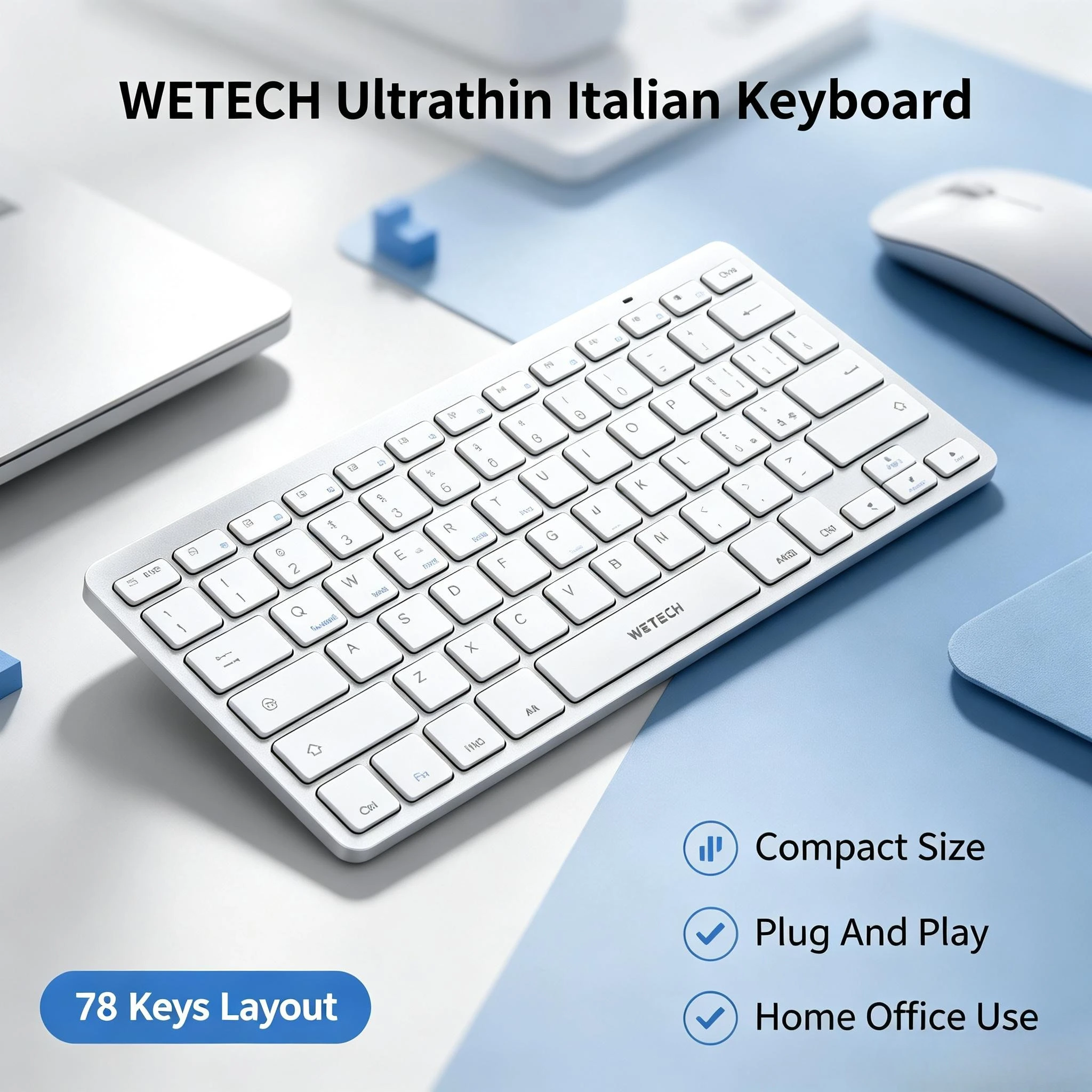Clavier Bluetooth ultra fin et compact, disposition italienne, sans fil, compatible avec plusieurs systèmes (Windows, iOS, Android, tablette, smartphone, ordinateur portable), idéal pour la bureautique.