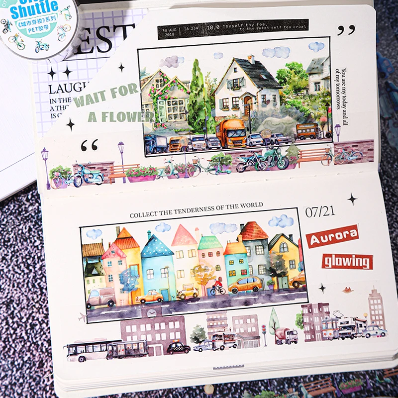 10 Packs X200cm/roll Waterproof PET Tape Shuttle Series Urban Building Car Drawing Home Handbook Creative Decoration