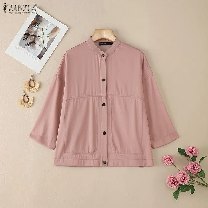 

Women's Casual Chic Button Up Jackets Stand Collar Drop-Shoulder 3/4 Sleeve Contrast-Stitch ZANZEA Woman Lightweight Coats S-3XL