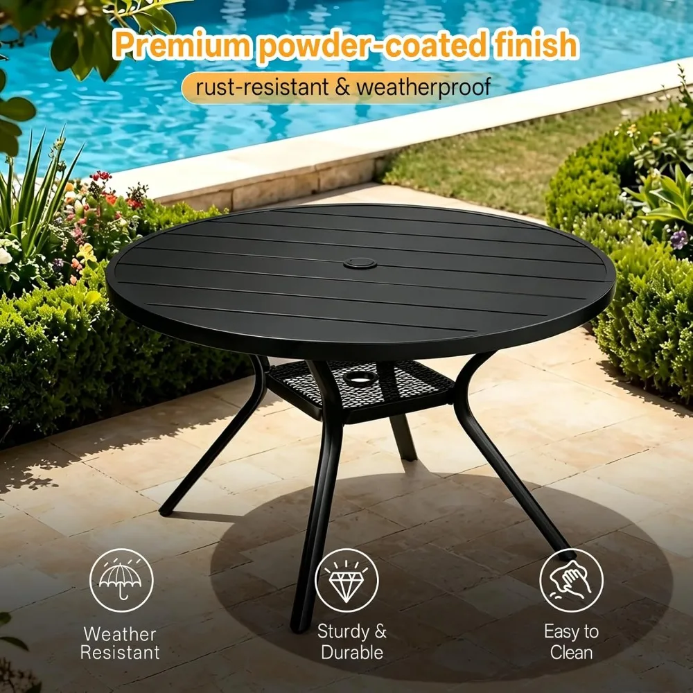 

41 Inch Round Outdoor Table for 4, All-Weather Powder-Coated Metal Outdoor Dining Table with Umbrella Hole &Storage, Customized
