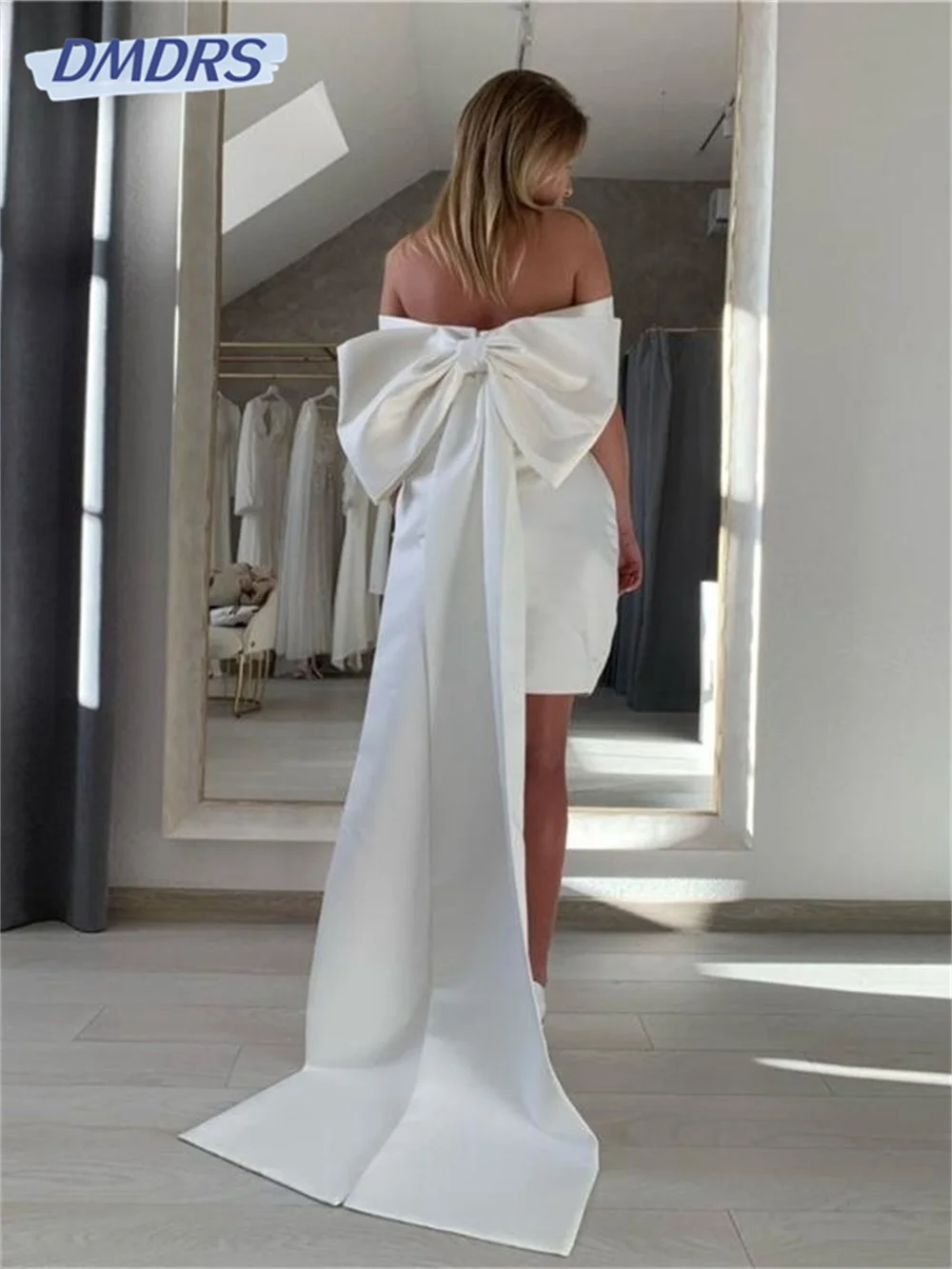 Satin Wedding Dresses Short with Detachable Big Bow Off the Shoulder Simple Bride Dress Beach Bridal Gowns Robe De Mariee