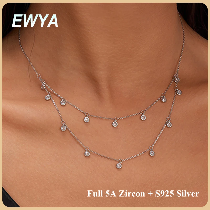 

EWYA 2-слойное круглое ожерелье с полным цирконом 5А S925, серебряное теннисное ожерелье, женское вечерние, свадебная цепочка на шею с высокоуглеродистым пузырем, подарок