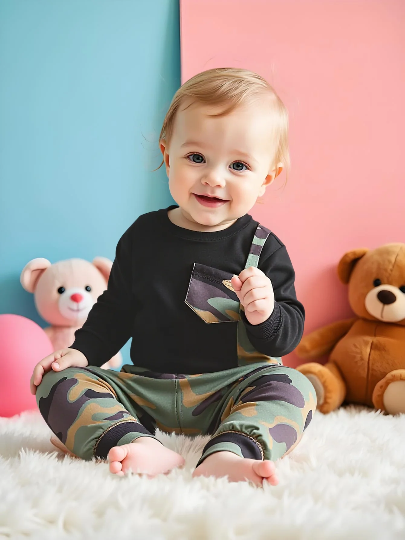Frühlings-Herbst-Set für Jungen: Modisches Langarm-Rundhals-Oberteil und Camouflage-Hose, Schickes Zweiteiler-Outfit für Kleinkinder – Detail 2