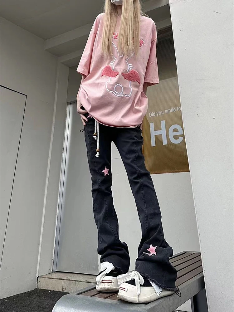 Estilo americano picante menina micro queimado jeans feminino outono 2025 nova casual estrela impressão moda perna reta calças versáteis