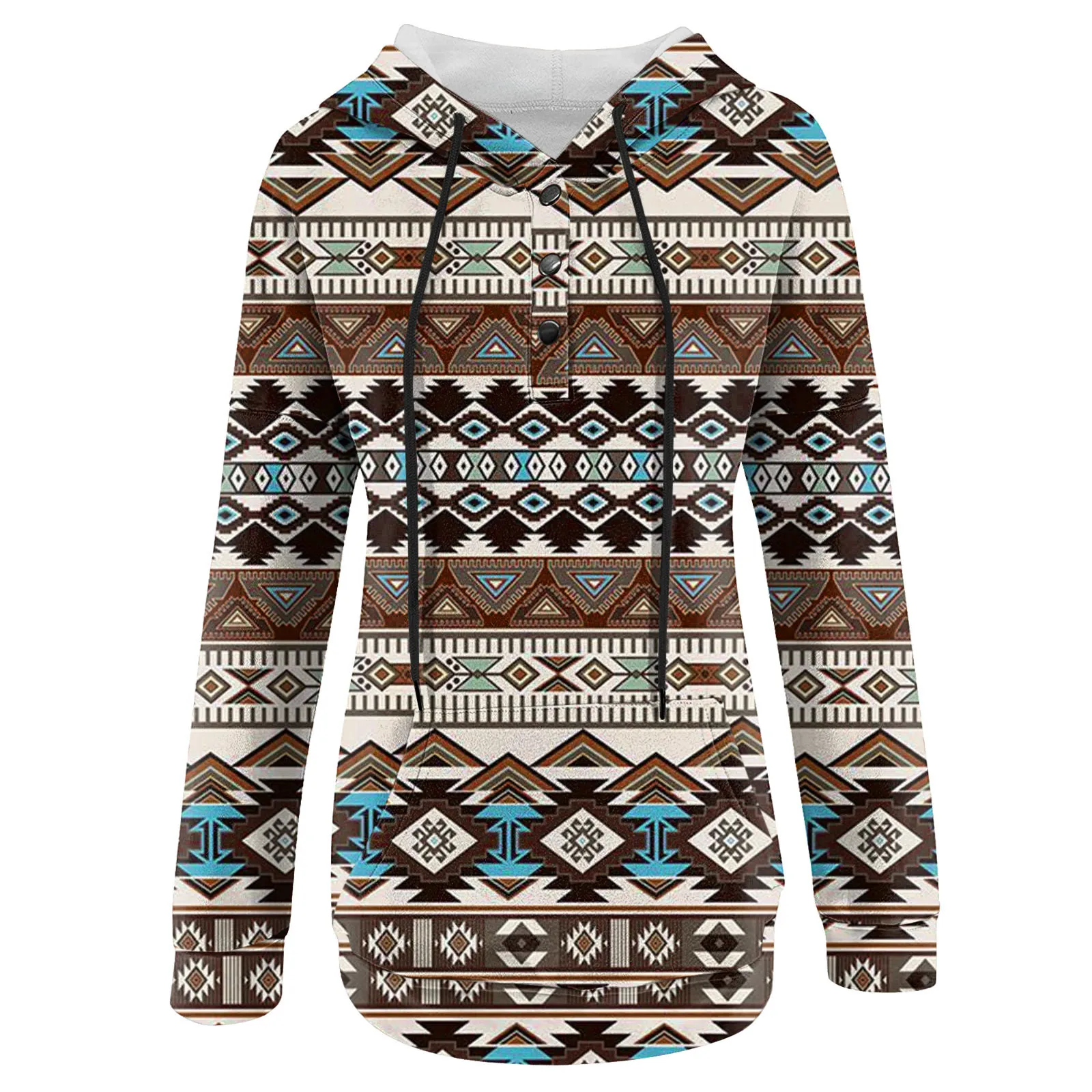 Womens Fashion Sweatshirt Ethnic Print Boho Western Retro Pattern Hoodie Pullover Button Hooded Jacket Woman Winter Clothes