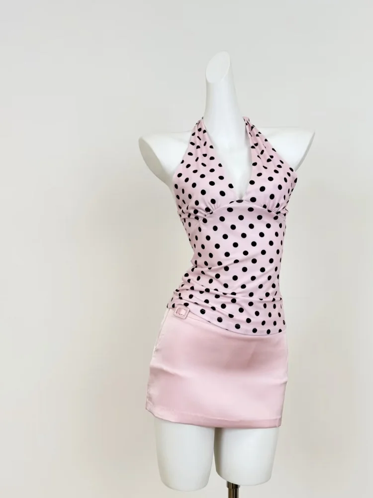 

Millennium spicy girl style hanging neck polka dot tank top women's summer new style niche sexy slim fit slimming top