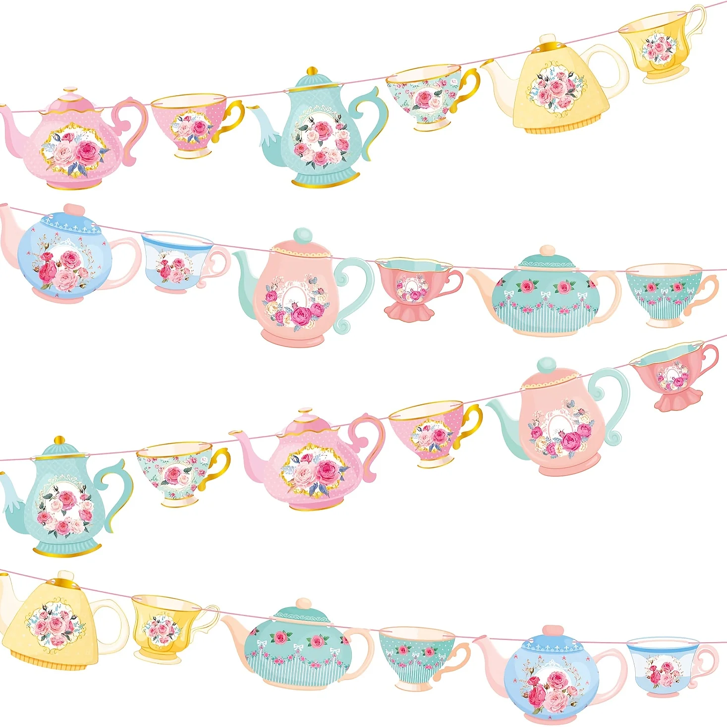 1 Ensemble de Bannière Décorative Vintage pour Tea Party, Double Face, Motif Floral, avec Décoration de Théière Suspendue en Papier Découpé, pour Fête