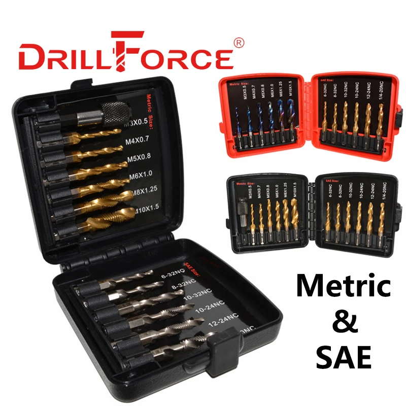 

Drillforce Combination Drill Tap Bits Set 3-in-1 HSS Metric & SAE Kit for Screw Thread Drilling Tapping Deburring Countersinking