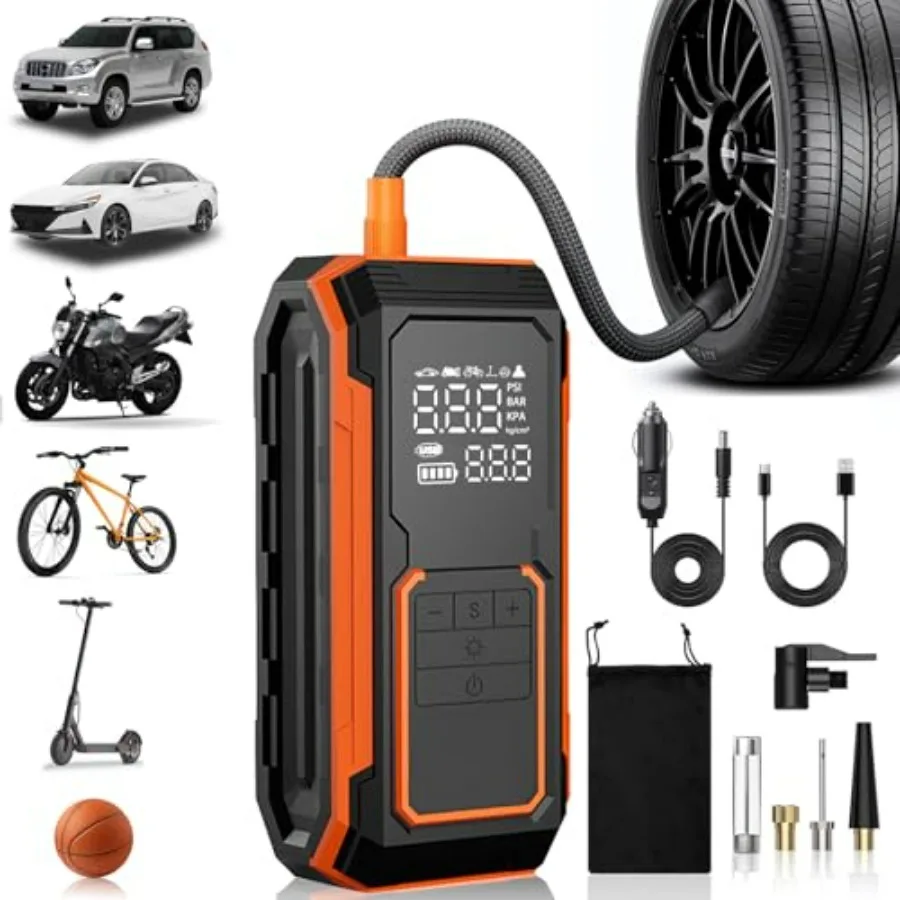 Portable 150PSI Air Compressor for Car Motorcycle Bicycle Balls with Auto Shut-Off LED Light Digital Gauge 12V DC Adapter Dual