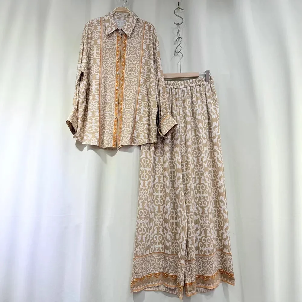 

Fashion Two Piece Set Women Spring Clothing Retro Geometric Print Lapel Loose Long Sleeve Shirt Middle Waist Wide Leg Pant Suits