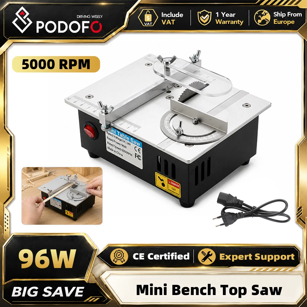 Podofo 96W 5000RPM Mini-Kreissäge 2,5 Zoll Multifunktionale Tischkreissäge Elektrische Tischsäge für den Haushalt DIY Holzbearbeitungswerkzeug mit 63mm Klinge für PCB-Substrate, Acrylplatten,