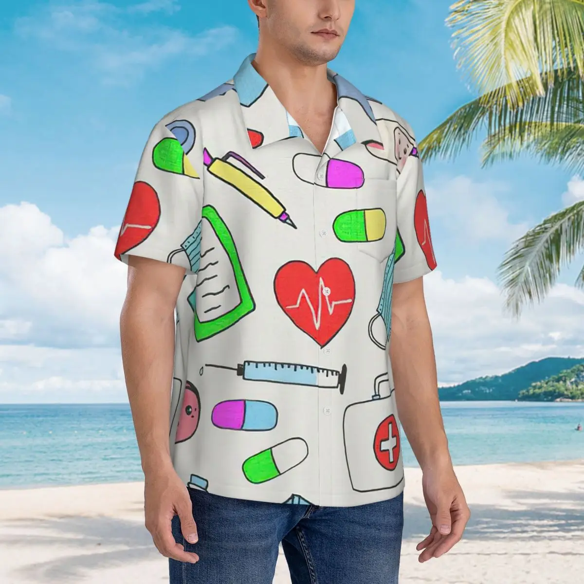 

Nursing Nurse Colorful Pattern Hawaiian Shirts Fashion Men Short Sleeve Shirt for Summer Beach Men's Lapel Tops