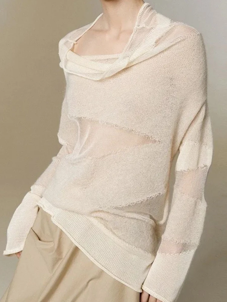 Zjaiss 2026 Summer Irregular Draped Neck Knit Women's T-Shirt Trendy Thin See-through Hollow Out Sun Protection Cover Up Top