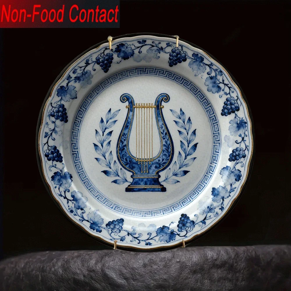 2D Flat, 1pc Ceramic Decorative Plate with and Porcelain Harp & Grape Design, Golden Accents - Non-Food Contact Home Decor for