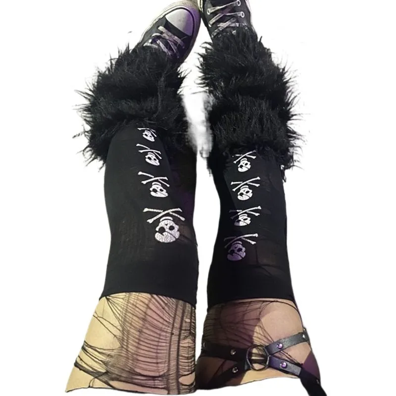 Gothic Cosplay Skull Print Fashionable Street Wear Y2K Style Retro Harajuku White Punk Knee High Socks Retro 2000s Emo Girl