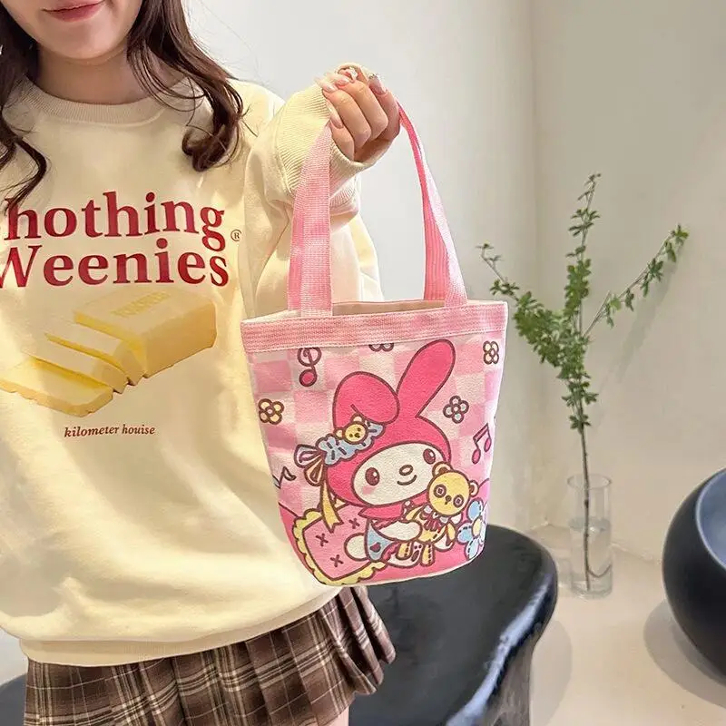 Cartoon Hello Kitty Kuromi Canvas Bucket Bag Korean Style Shoulder Bag Y2K Outing Shopping Bag Women Handbag Student Lunch Bag