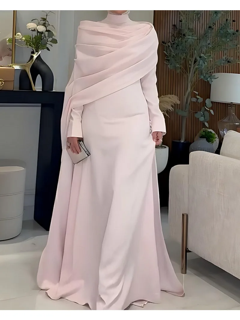 2025 Roze Bescheiden Abaya Jurk Dames Hoge Hals Lange Mouw Wrap Ontwerp Formele Avondjurk Moslim Elegante Maxi Jurk - afbeelding 2