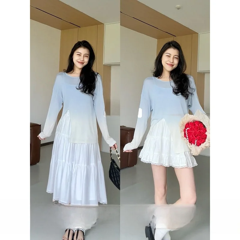 

Zhang a Xing Comfortable adient Color Loose Meat Covering High Waist Long ort White Cake Skirt Women's Faion Set Summer