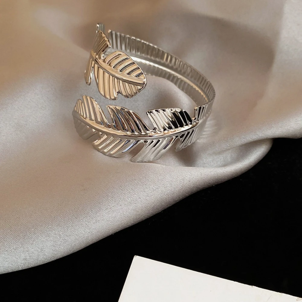 Simple Iron Wide Open Bangle Leaf Gold Silver Cuff Bangles Exaggerated Minority Design Exaggerated Bracelet Decoration
