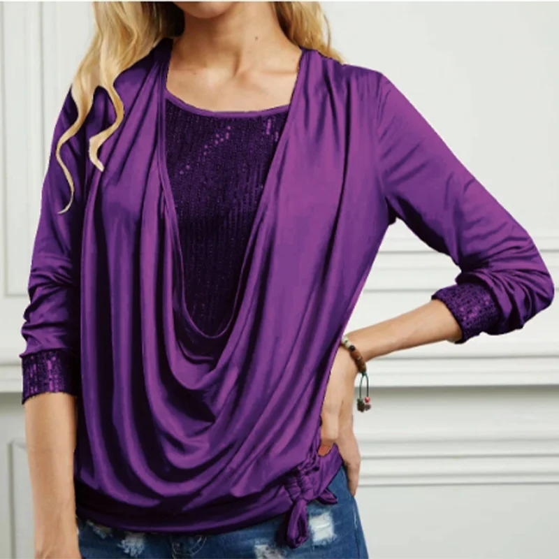 Elegant Sequin Tops Women Fashion Solid Color O Neck Long Sleeve Tops Lady Spring Autumn Party T-shirt