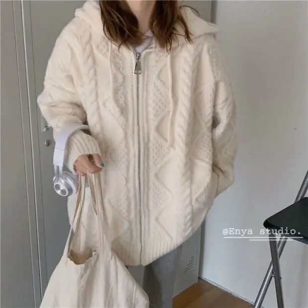 Spring Autumn Winter Loose All-match Twist Sweater Coat Women\'s Lazy Wind Hooded Knitted Cardigan Top Women Sweate