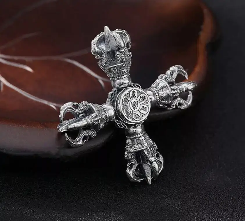 Rotatable 925 sterling silver men cross vajra Dorje Amulet women unisex Lucky