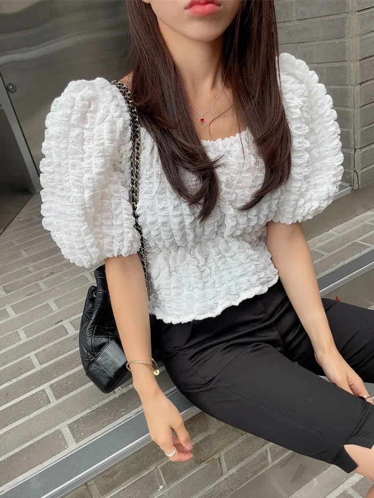 

Bubbly Plaid irt Women's Collar Tube Top Slimming ort Length Agel oulder Baring Bubble Sve Top Versatile Cotton B...