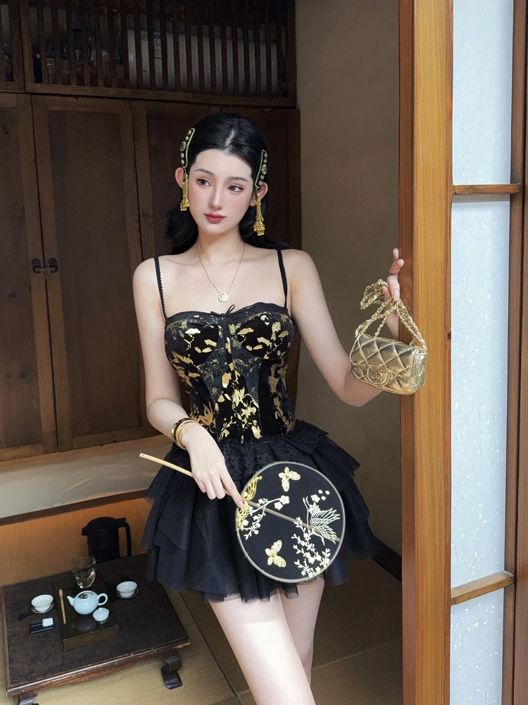 

Joykiki Summer Fairy Me Skirt with Irregular Strap Polka Dot Print Sweet Sle Women's Vest And Skirt Set ort Length