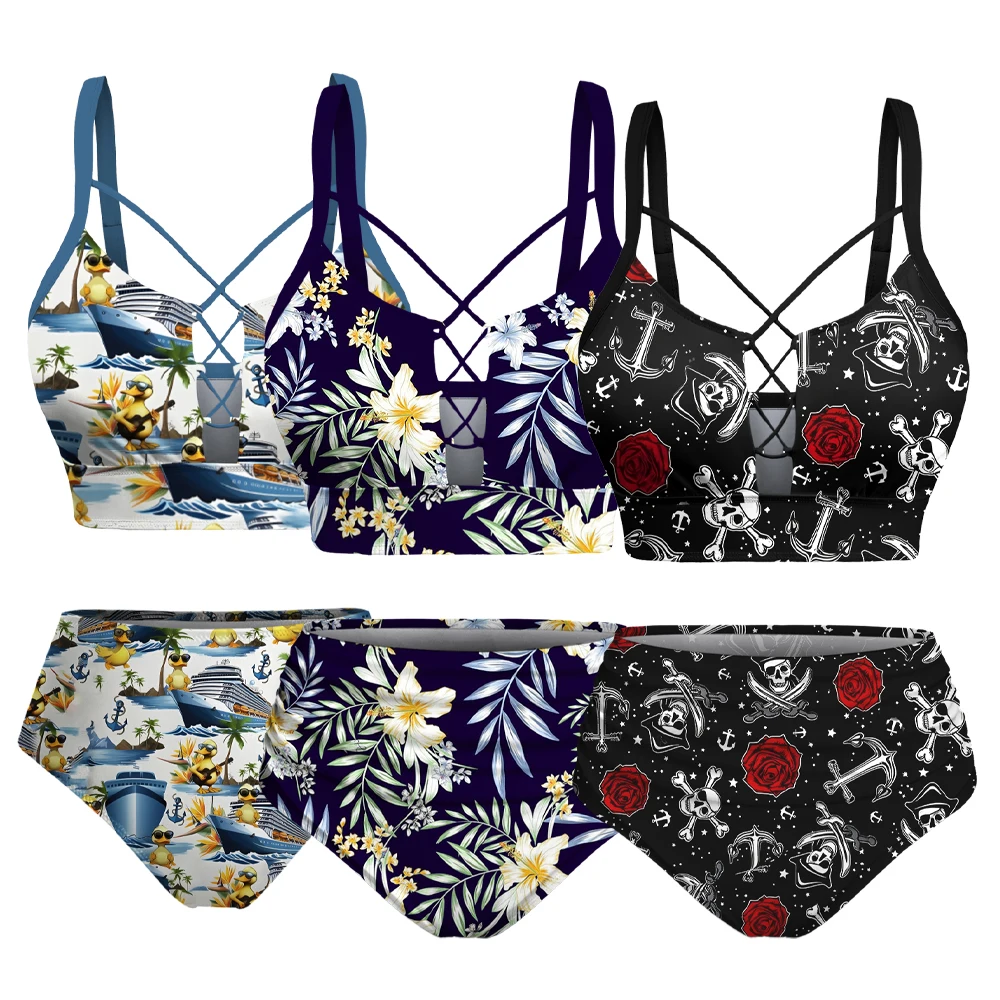 XXS-3XL Dames split-badpak 3D grafische luipaardsterren, roze bloemsterrenprint bikini's tankini-top, zwembroek twee stukken