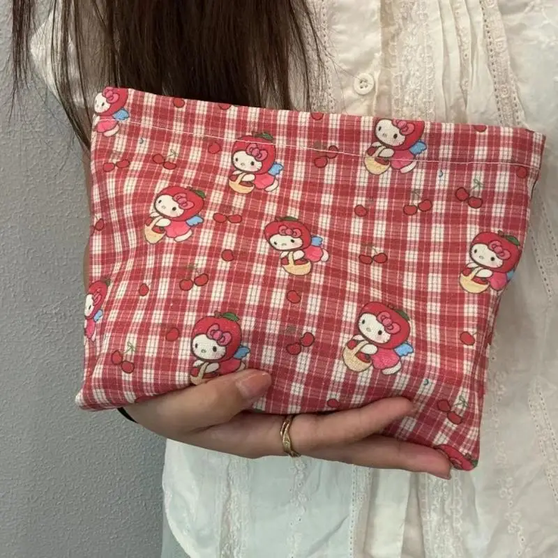 Sac à main Hello Kitty imprimé dessin animé pour filles, sac de rangement portable, sac de maquillage, rétro, grille rouge, mignon, Kawaii, Sanurgente, voyage, cadeaux de Noël